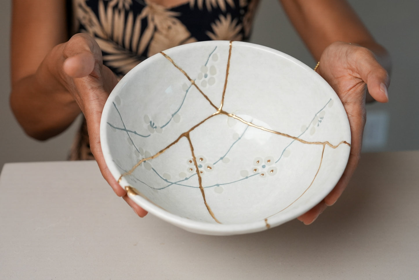 White Cherry Blossom Kintsugi Bowl