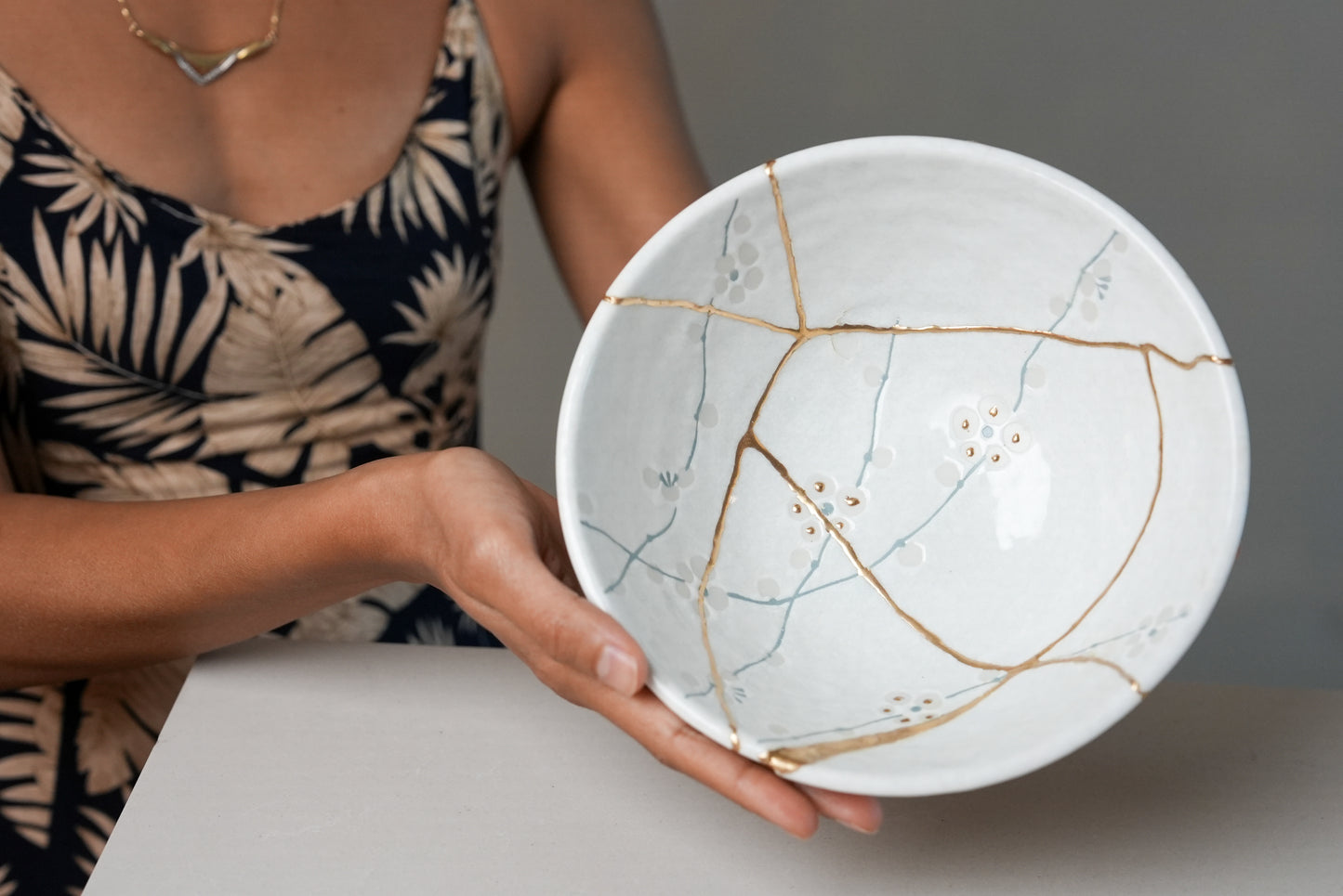 White Cherry Blossom Kintsugi Bowl