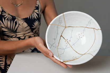 White Cherry Blossom Kintsugi Bowl